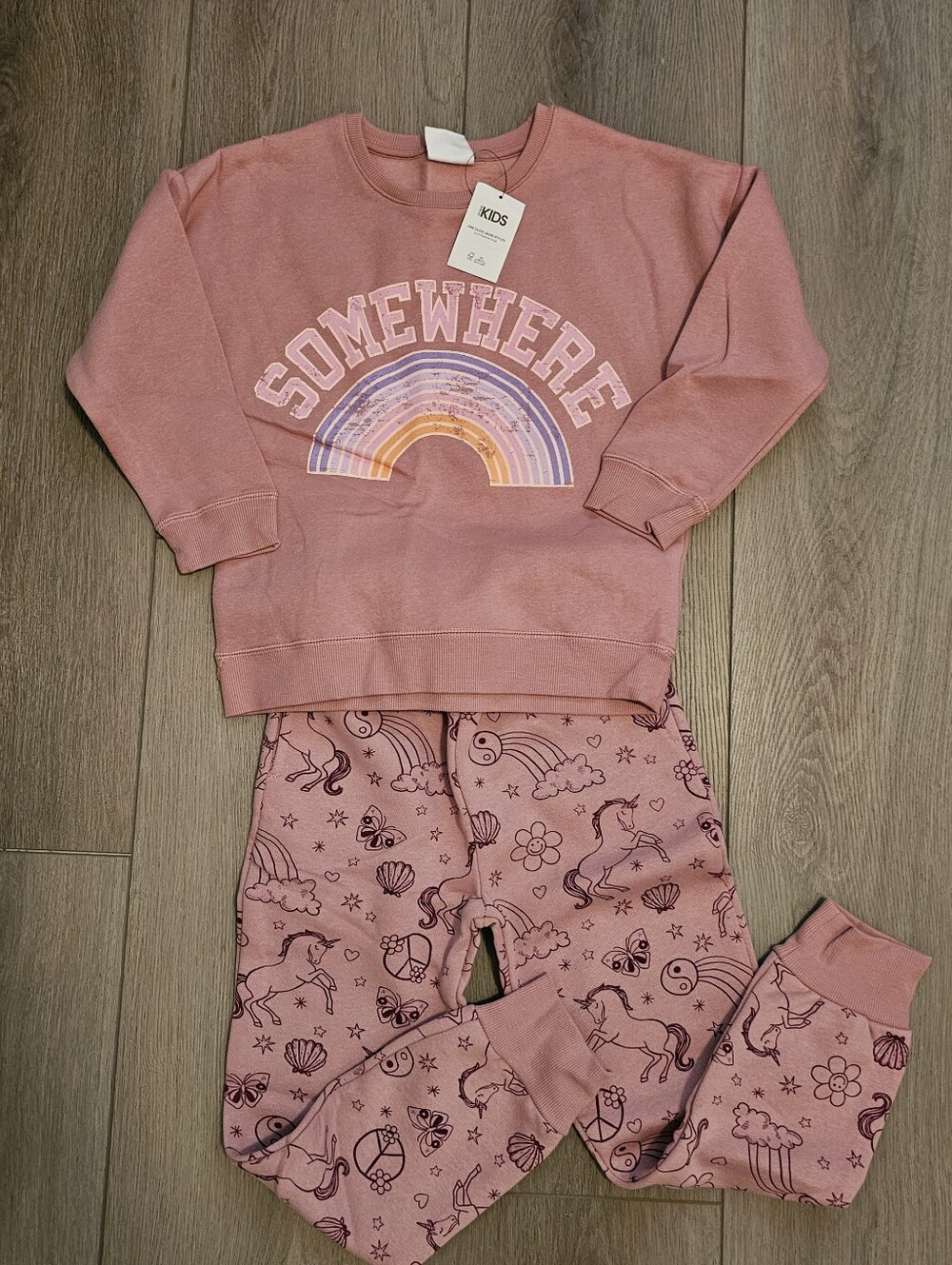 Cotton On Kids Girls Pink Fleece Unicorn Rainbow Sweatshirt Pants Set Sz 7
